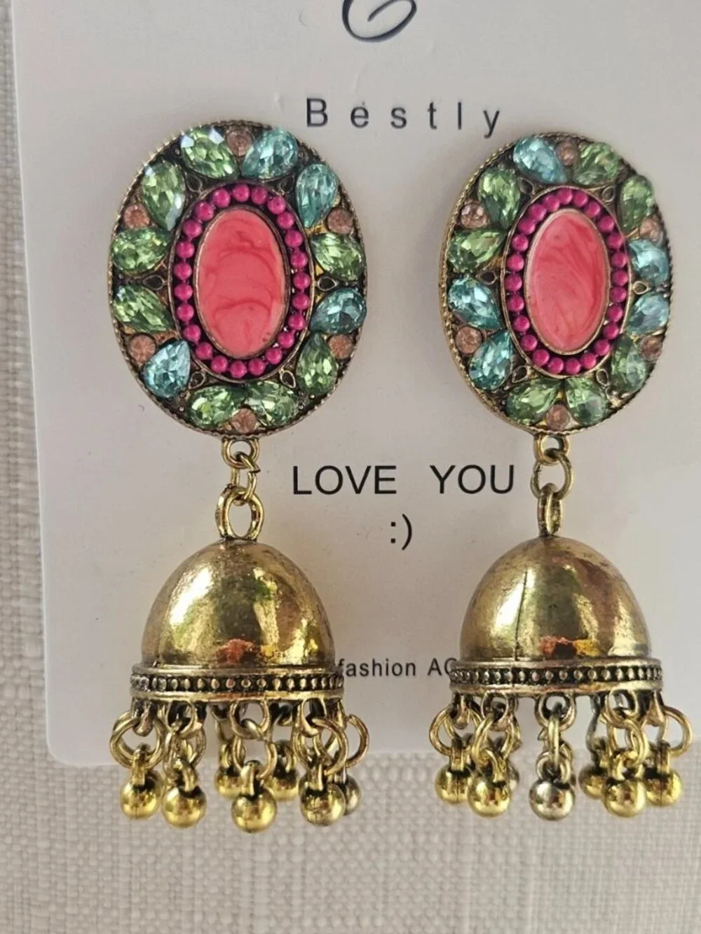 Pakistani Earrings Jhumka Fashion Jewelry Gold Tone Pink Beads Chandelier New - Picture 2 of 13